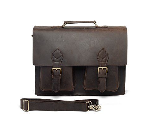 Rustic Leather Briefcase Double Gussets Messenger Bag Laptop Case 