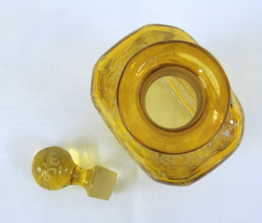 Yellow Etched Bohemian Glass Decanter w/ Stopper Gold  