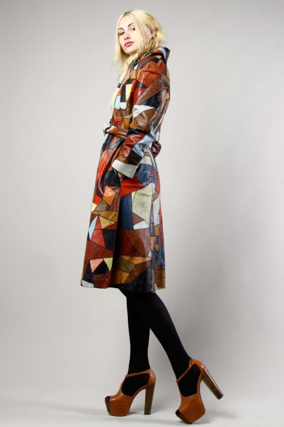 VINTAGE PATCHWORK LEATHER COAT Vtg 70s Op Art Multicolor Dress 