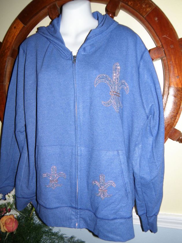 Rhinestone FLEUR DE LIS Zip Up Hoodie Jacket Hanes XXL New Orlean 