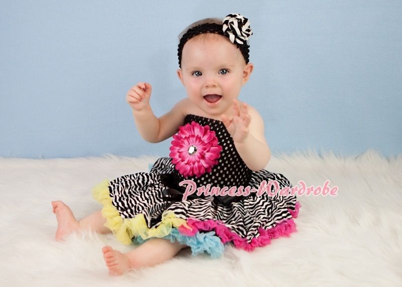 Newborn Baby Rainbows Zebra Pettiskirt with Black Crochet Tube Top 3PC 