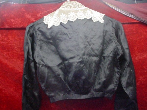 1800s Antique Ladies Black Satin MOURNING BLOUSE w/Lace Glass Faceted 