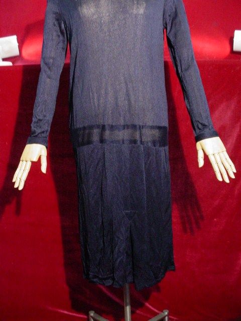 1920s MIDNIGHT BLUE DRESS Rayon Knit DROP WAIST Straight Line WORKING 