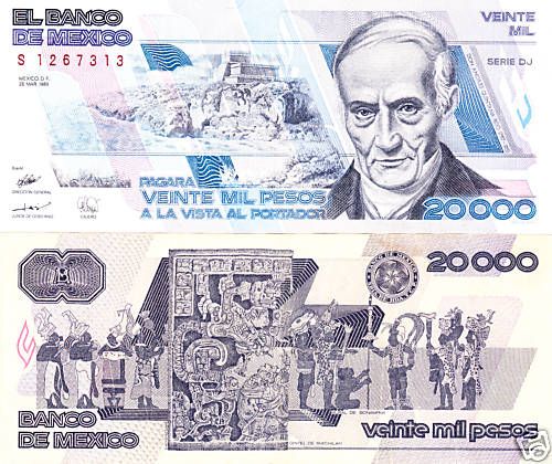 Mexico $ 20,000 Pesos March 28, 1989 A.UNC S1267313.  