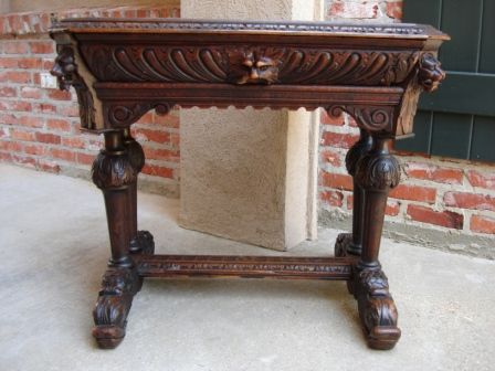 PETITE Antique English Carved Gothic Oak Dolphin Library Table Desk 