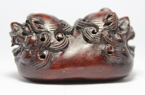 ORIENTAL OLD WOOD HANDWORK CARVING TWINS KIRIN NETSUKE ★★★★★