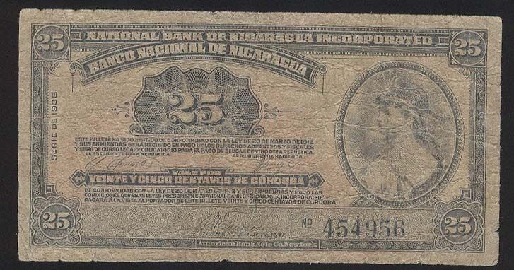 NICARAGUA 25 CENTS 1938 NOTE ABNC  