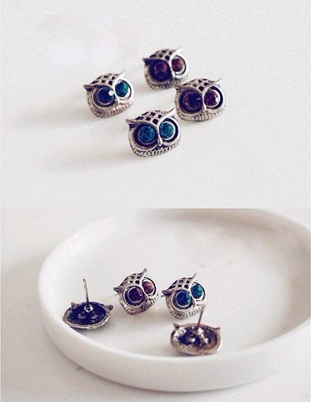 E1972 New Vintage Retro Chic Blue Eyes Owl Rhinestone Stud Earrings 