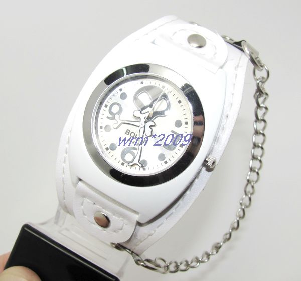 Punk SKULL Men/Women Bracelet Watch White Leather #09  