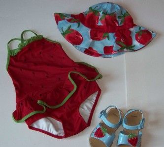   Burst of Spring STRAWBERRY Bathing Suit Swimsuit & Sun Hat Size 2T EUC