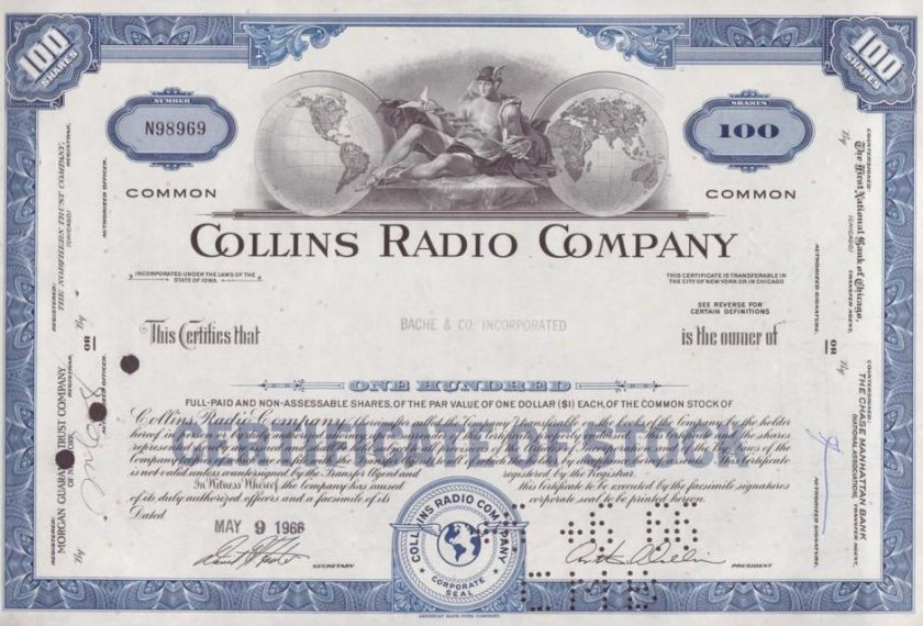 Collins Radio Company Stock Certificate  