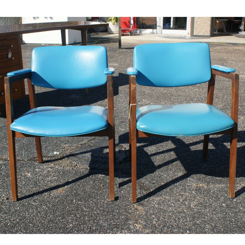 Vintage Danish Wood Side Arm Chairs Turquoise  