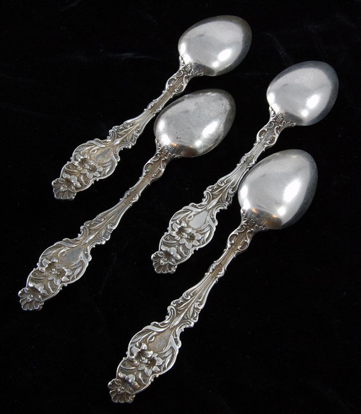 WHITING SILVER LILIY 4pcs Teaspoon Spoon Lot Sterling  