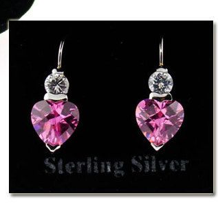 925 Sterling Silver Pink CZ HEART EARRINGS Boxed~ NEW  