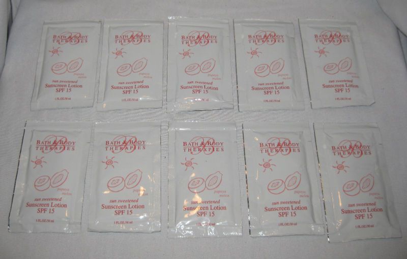   Travel Size LOT 10 Pc SUNSCREEN SPF15 Bath & Body Lotion Sample Packet