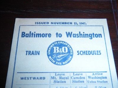 NOV 23 1947 B&O TRAIN SCHEDULE BALTIMORE TO WASHINGTON  