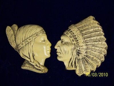 Vintage Chalkware Indian Chief and Maiden Plaques 1941  