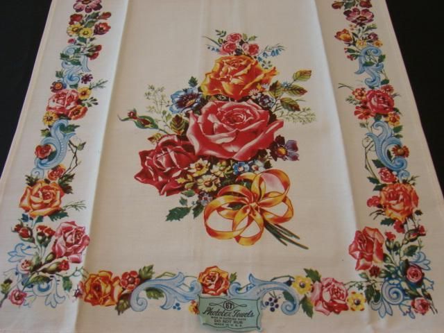 VINTAGE COTTON TOWEL LIFE LIKE FLORAL PINK ROSES BOUQUET BOW MWT 
