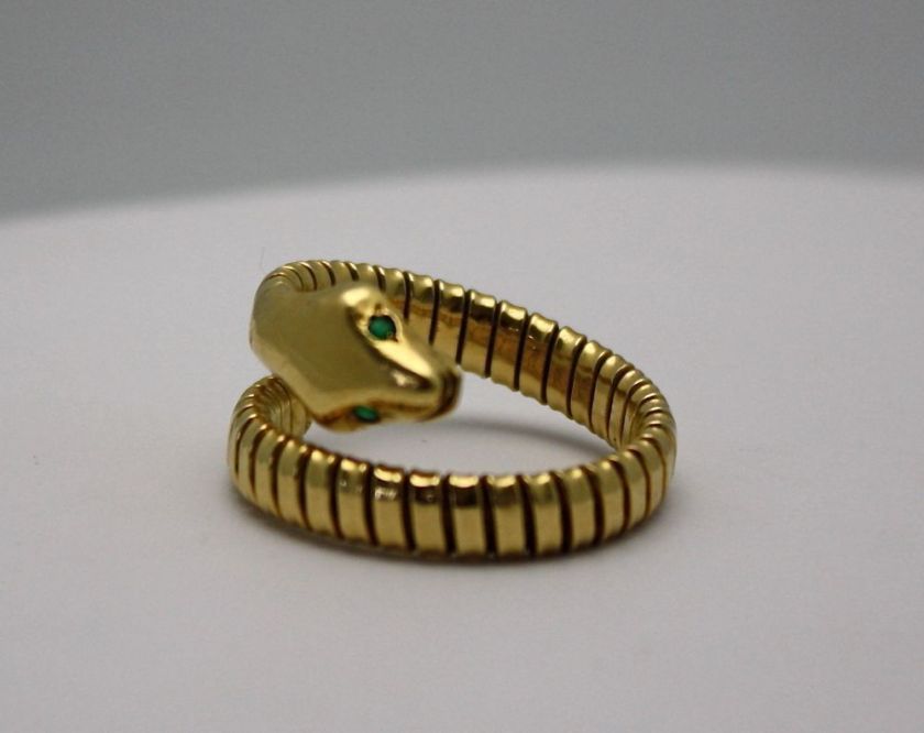 VINTAGE TUBOGAS 18K WRAP SNAKE RING EMERALD EYES  