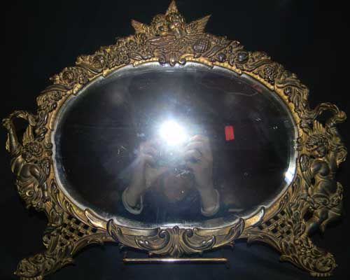 ANTIQUE 1890s GILT IRON ROCOCO VANITY MIRROR W CUPIDS  