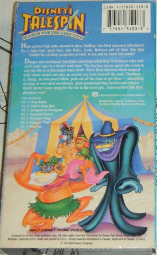 TALESPIN Search for the Lost City   Disney Toons   VHS 717951310033 