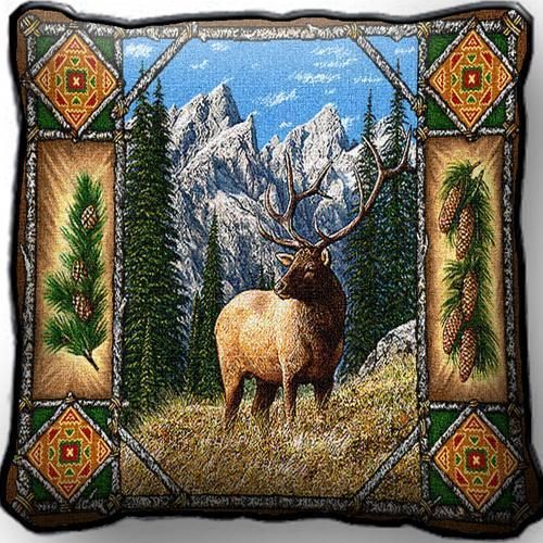 Elk Lodge Mountain Scene with Tree Bark Border Jacquard Woven Tapestry 