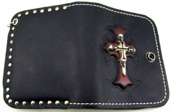 Rocker Cowboy Skull & Cross Mens Leather Wallet Skull Badge W4V1 