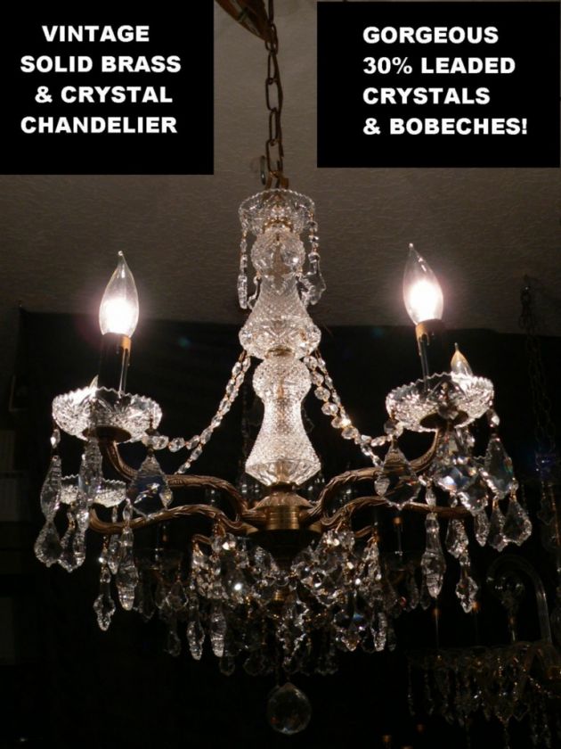 GORGEOUS VINTAGE ORNATE EUROPEAN SOLID BRASS & CRYSTAL CHANDELIER 5 