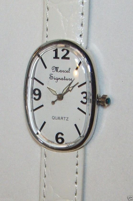   DRUCKER OVAL QUARTZ WATCH WITH WHITE LEATHER BAND, 5.25   6.50LONG