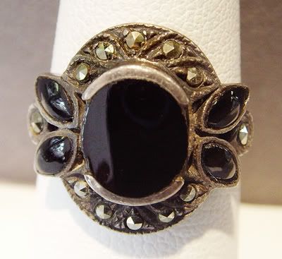 Antique Sterling Silver Ring with Black Onyx and Marcasites  