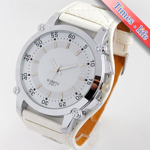 Pure White Big Case Quartz Wrist Watch Mens Women Casual Leather Good 