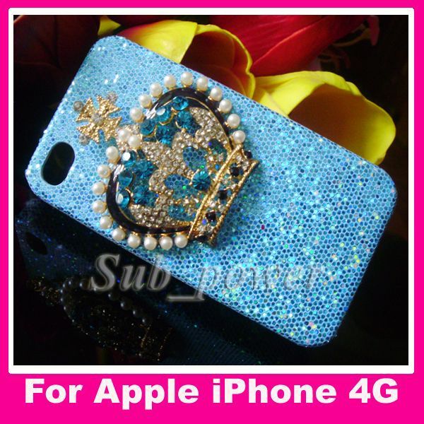 3D Blue Rhinestone big metal Crown Bling Crystal Case cover for iPhone 