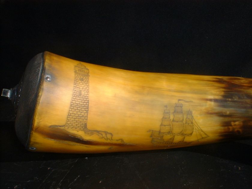   Powder Horn Flask Tall Ships & Lighthouse black powder gun  