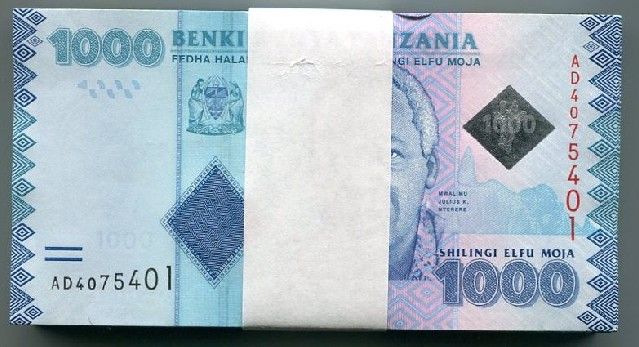 TANZANIA 1000 Shilingi 2010 P NEW UNC bundle 100 pcs  