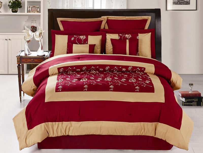 Burgundy and Tan Floral Embroidery 8Pc Comforter Set King Size 20563 