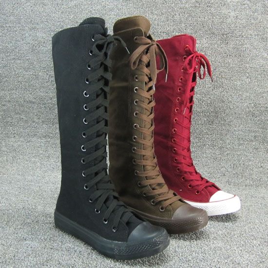 PUNK EMO Goth Flat Heel Knee High Canvas Laceup Sneaker Boots Black 