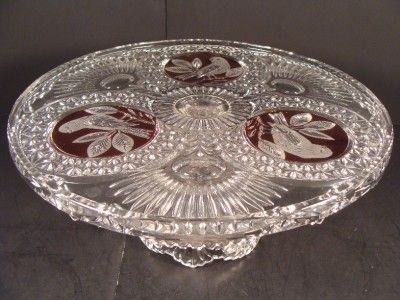 Vintage HOFBAUER Ruby Red Bird Byrde CRYSTAL Glass Footed Cake Plate 