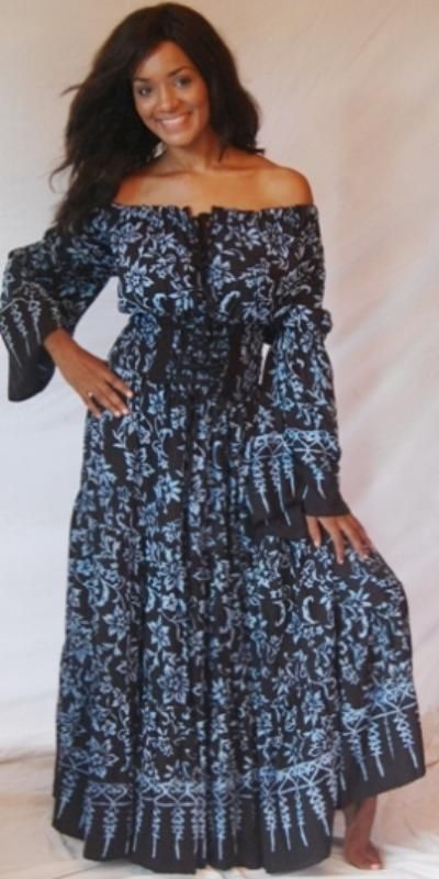   BLACK BLUE/DRESS PEASANT SMOCKED PLUS 2X 3X 4X MAXI BATIK BOHO  