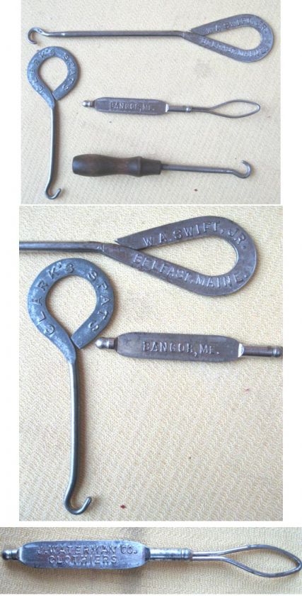   Vintage BUTTON HOOKS,Adv.Clarks Spats,Waterman,Maine,ME.,Swift,Belfast