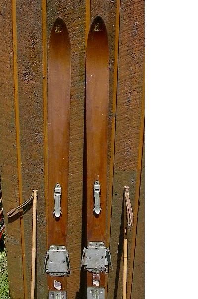 VINTAGE Wooden Skis 64 Wood Skiis OLD BAMBOO POLES Ski  