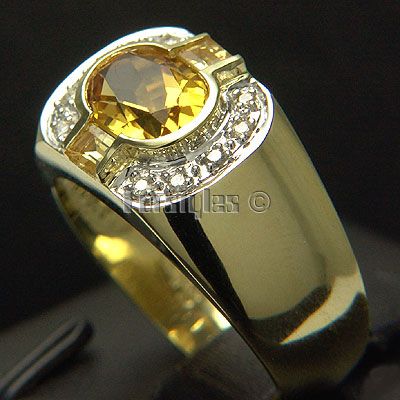 Citrine Diamonds 14K Solid YG Gold Mens Ring r00227  