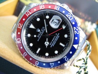 Mens Rolex GMT Master II SS Watch Blue/Red Bezel Ref 16710 K Serial w 