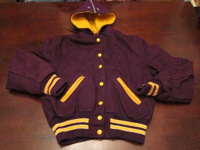 Vtg Delong Womens Purple & Yellow Wool Letterman Varsity Snap Jacket 