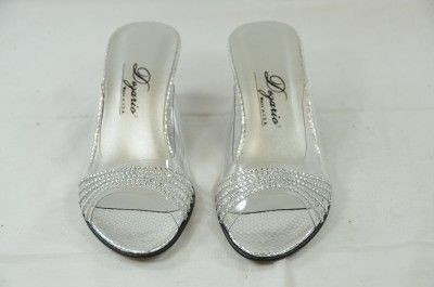 DEZARIO USA HOT SILVER LEATHER RHINESTONE STRAP 2.5CLEAR WEDGE 7 