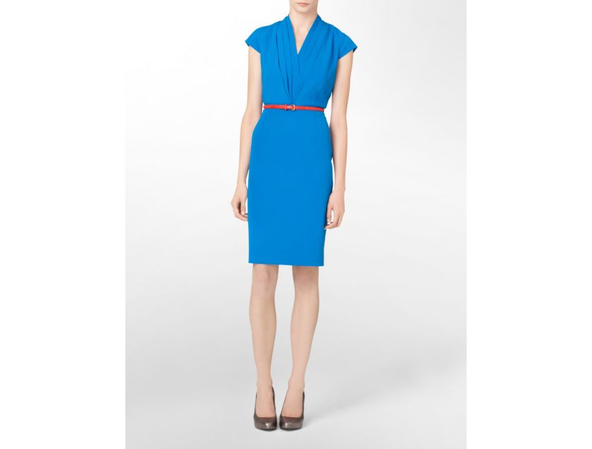calvin klein womens luxe stretch belted v neck pleated dress  