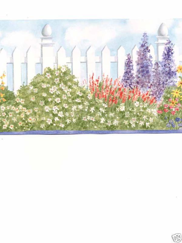 FLOWERS IN FRONT OF A PICKET FENCE BORDER BV006233B  