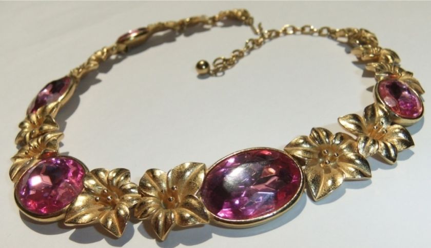 VINTAGE KUNIO MATSUMOTO TRIFARI PINK RHINESTONE FLOWER NECKLACE  