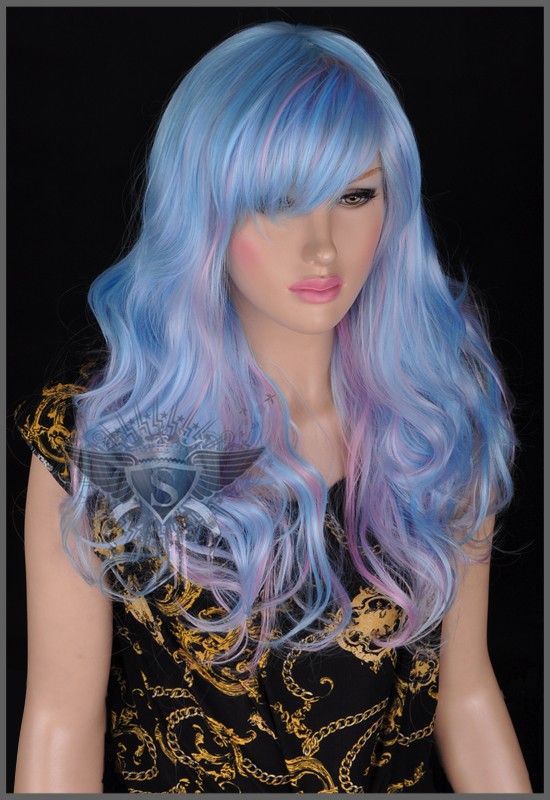 GW353 Blue Anime Cosplay Layer Long Curly Punk Rock Full Wig  