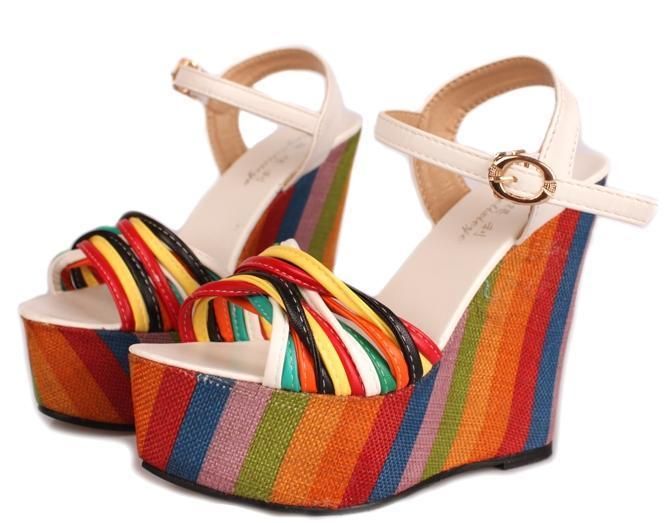 Women Girl Bohemian Rainbow Thong Sandals Shoes Platform High Heels 