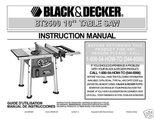 Black & Decker 10 Table Saw Manual # BT2500  